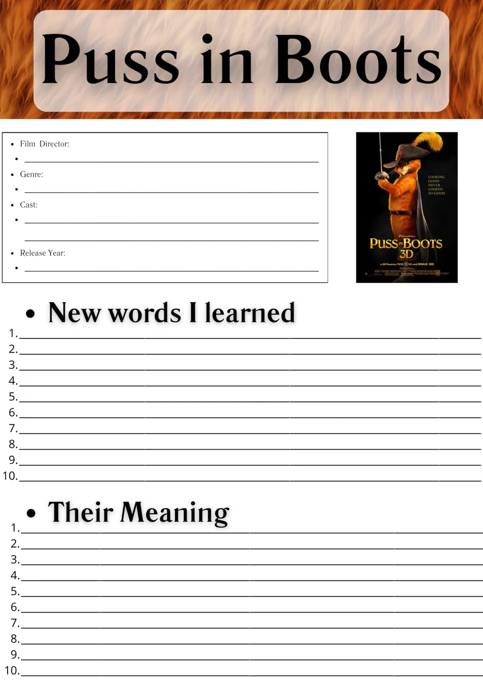 Puss in Boots film details and vocabulary: students note director, genre, cast, year and list 10 new words with meanings