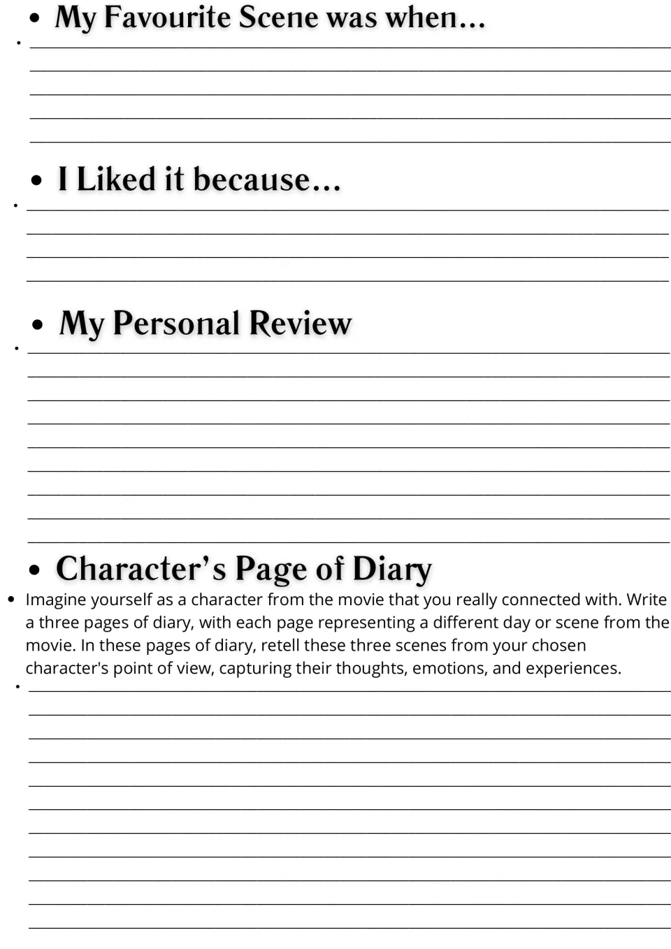 Movie response writing: students describe a favourite scene, why they liked it, a personal review and a character's diary