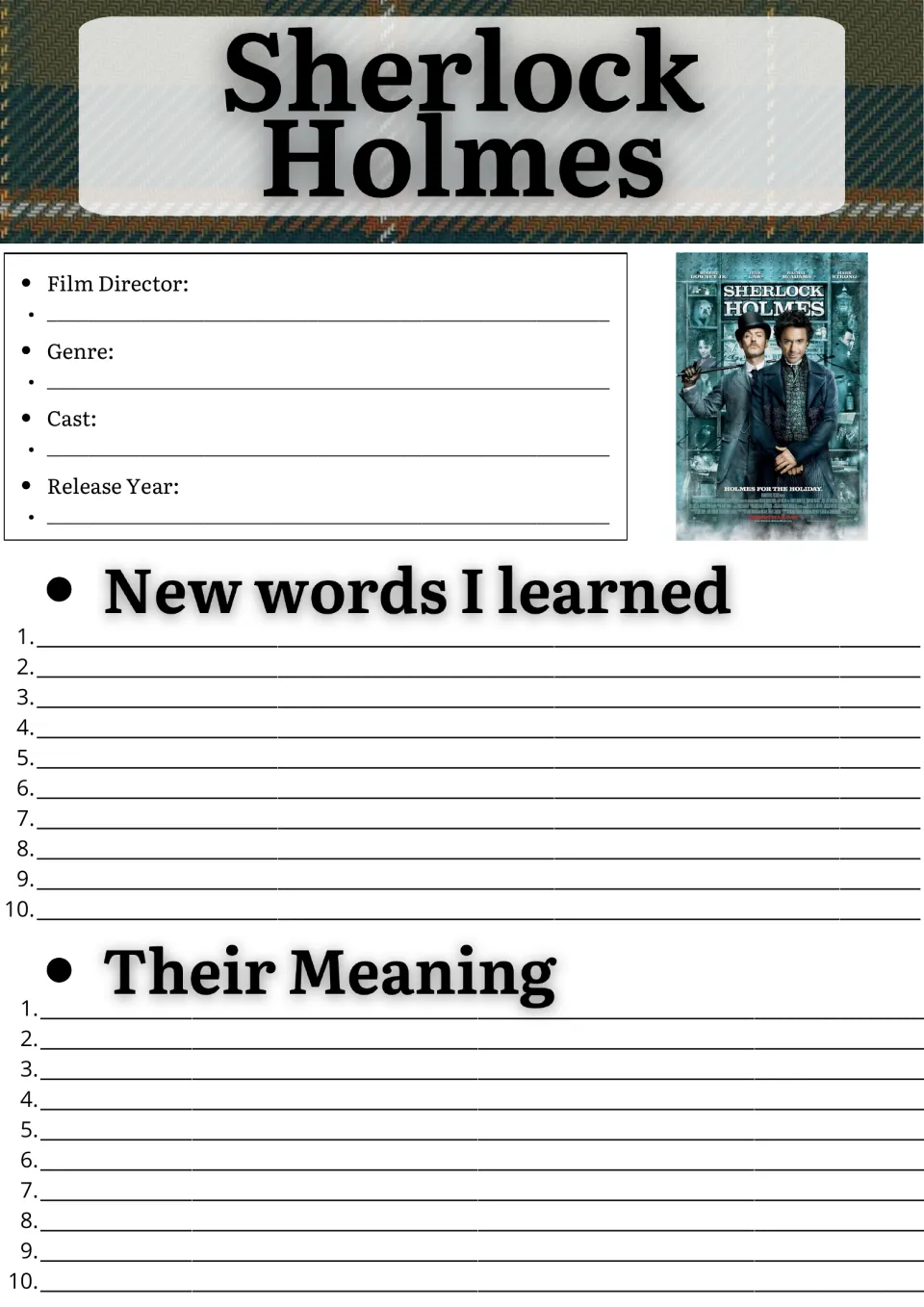 Sherlock Holmes movie guide: students fill in director, genre, cast and year, then list 10 new words and meanings