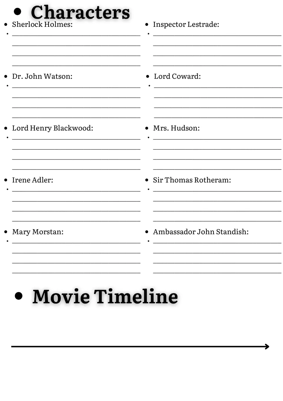 Character notes: students describe Holmes, Watson, Irene Adler and seven others, then plot events on a movie timeline