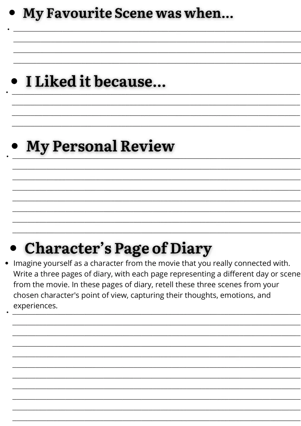 Movie response writing: students finish sentences on a favourite scene, why they liked it, a review and a diary page