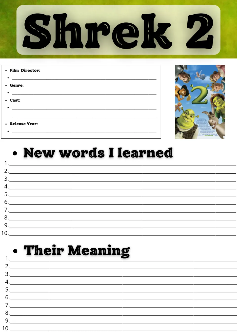 Shrek 2 film facts and vocabulary: students note director, genre, cast and year, then list 10 new words and meanings