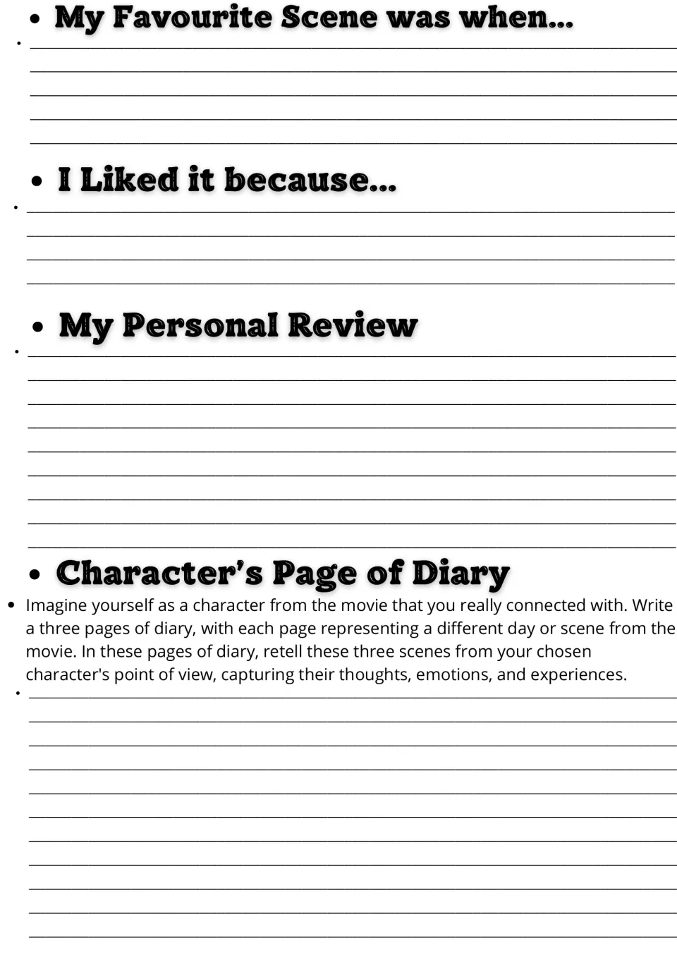 Opinion writing: favourite scene, why I liked it, a personal review and a character diary retelling three scenes