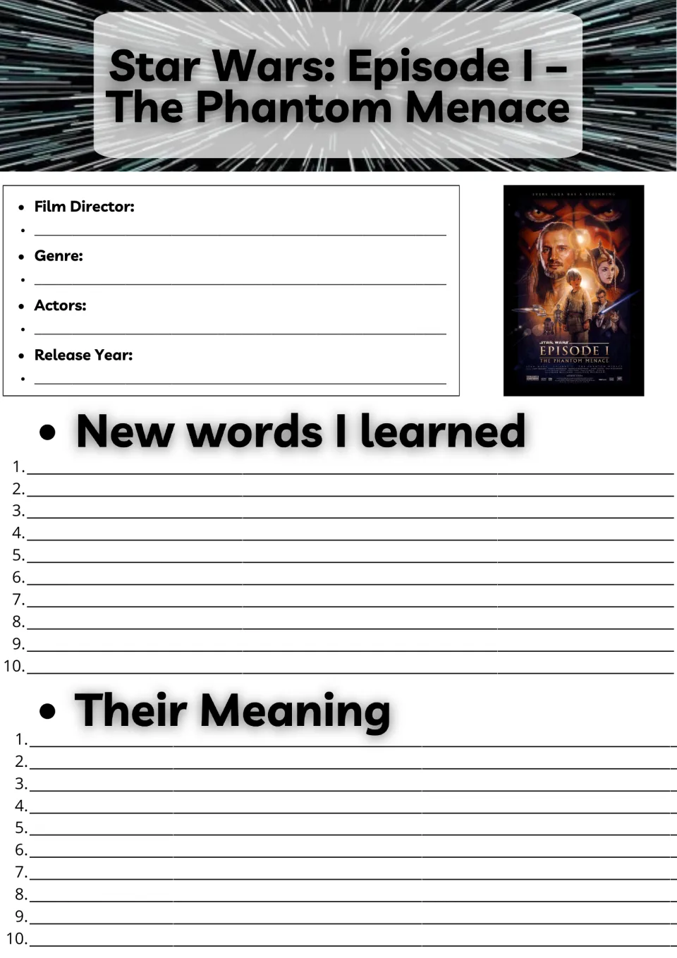 Star Wars Phantom Menace movie guide: students record director, genre, actors, year, then 10 new words and meanings