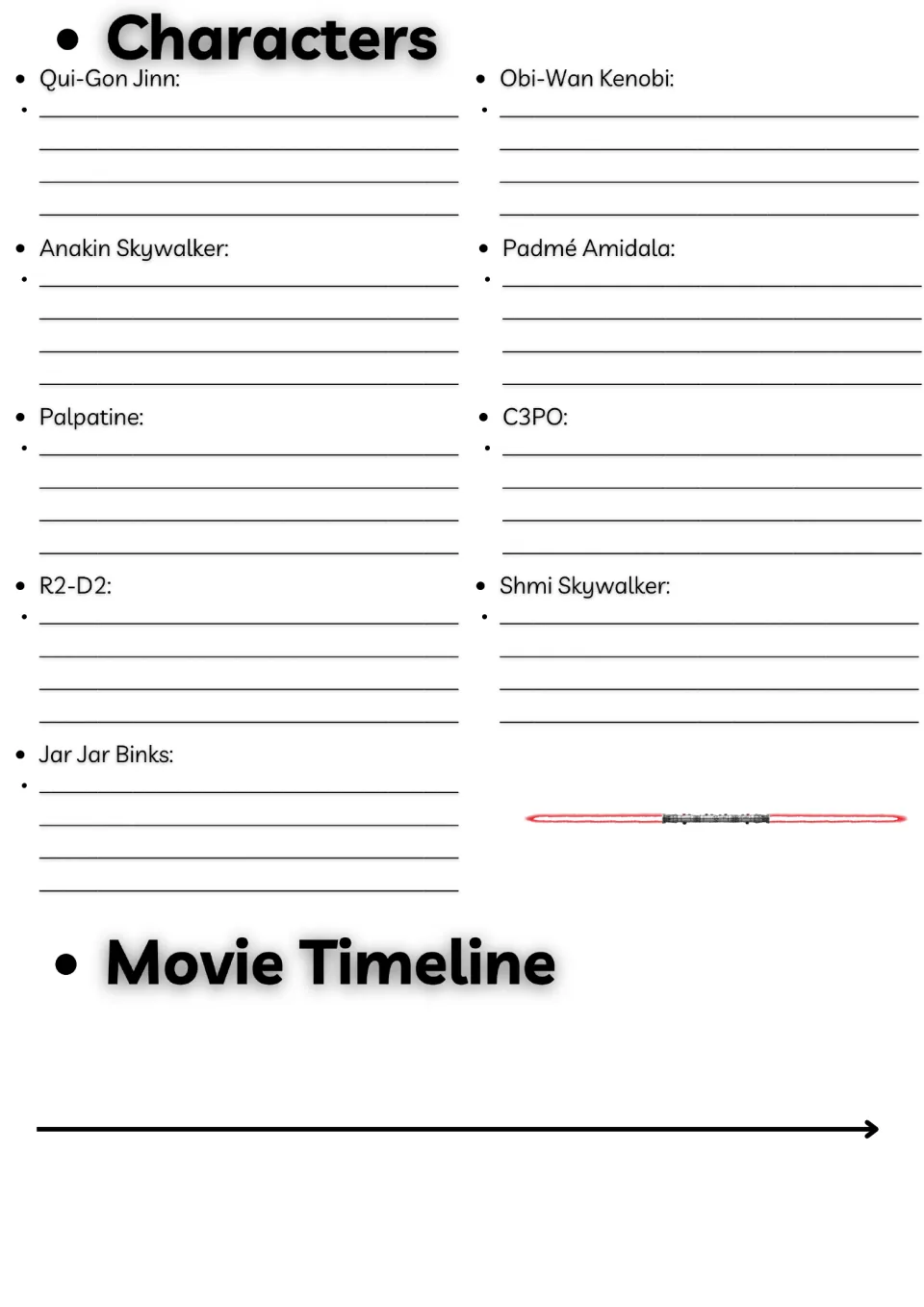 Character notes on Qui-Gon, Obi-Wan, Anakin, Padmé, Palpatine, C3PO, R2-D2, Shmi and Jar Jar, plus a Movie Timeline arrow