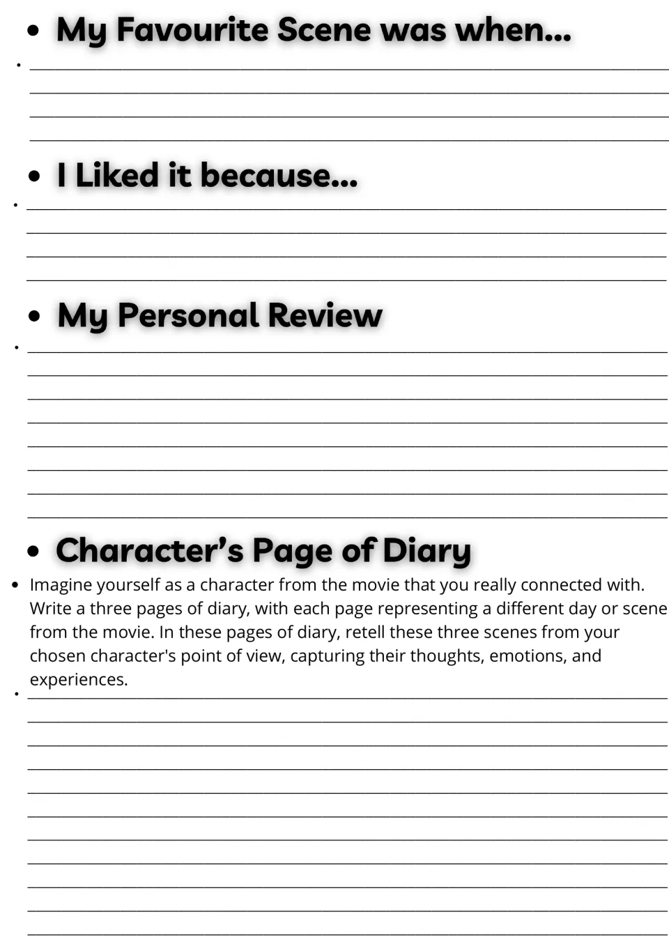Movie response writing: favourite scene, why I liked it, a personal review, and a diary page retelling scenes as a character