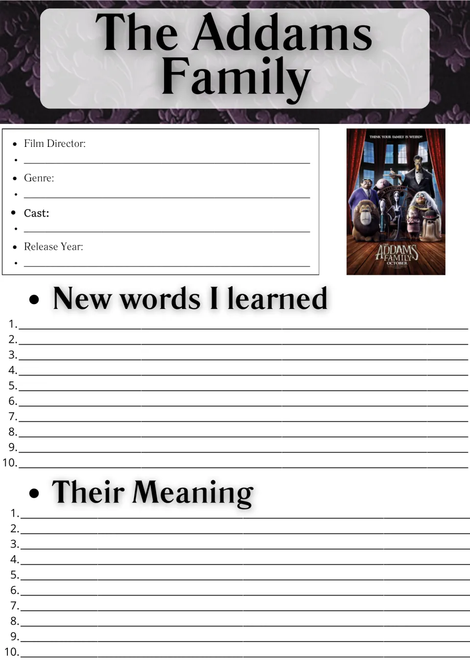 The Addams Family movie guide: students note director, genre, cast and year, then list 10 new words with meanings