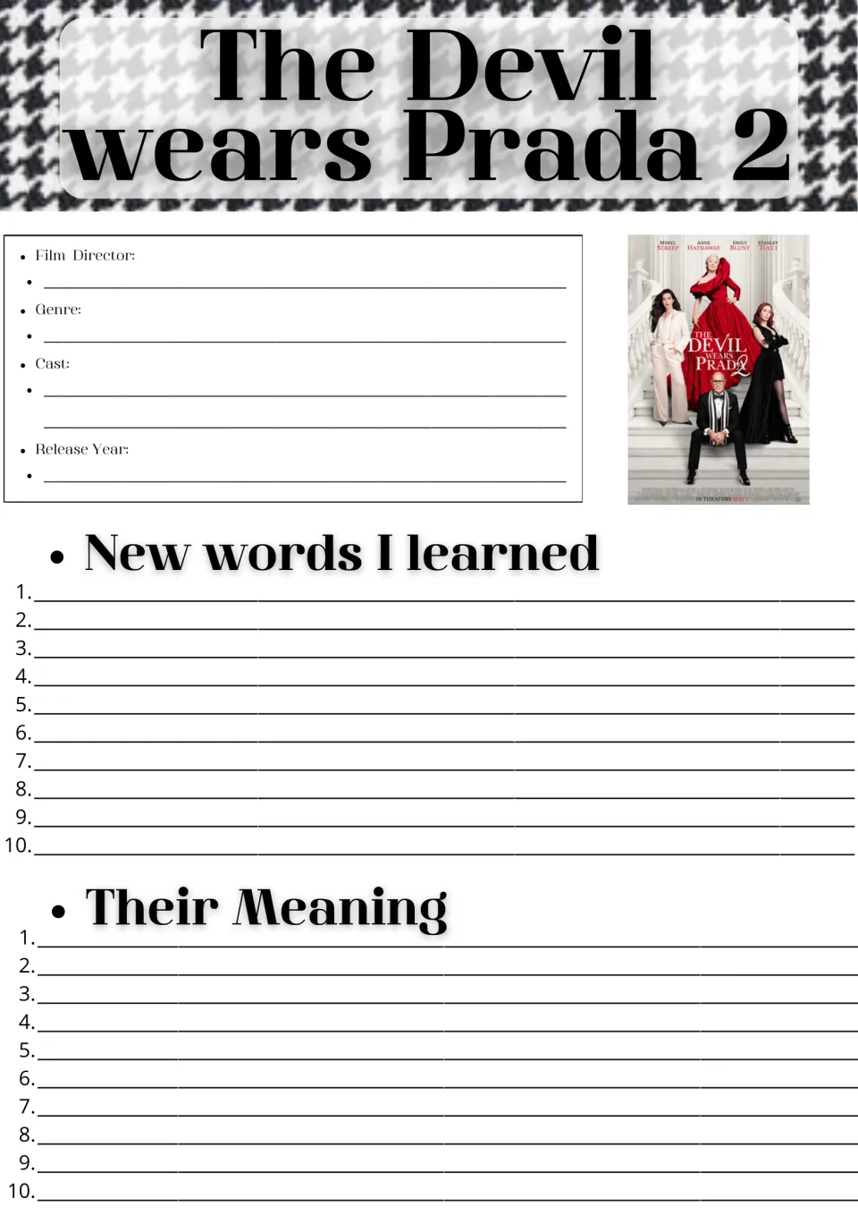 Film facts and vocabulary: students record director, genre, cast and release year, then list 10 new words and their meanings