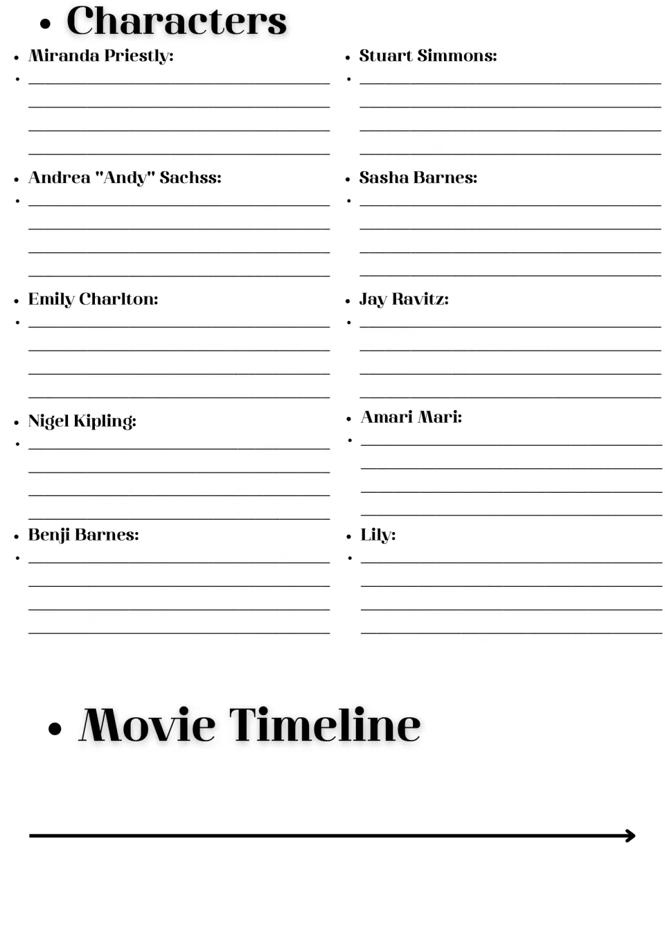 Character notes: students describe 10 characters like Miranda Priestly and Andy, then plot events on a movie timeline
