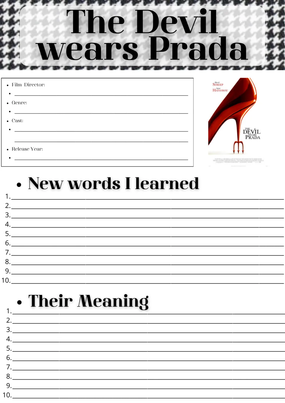 Movie guide for The Devil wears Prada: students fill in director, genre, cast, year and list 10 new words with meanings