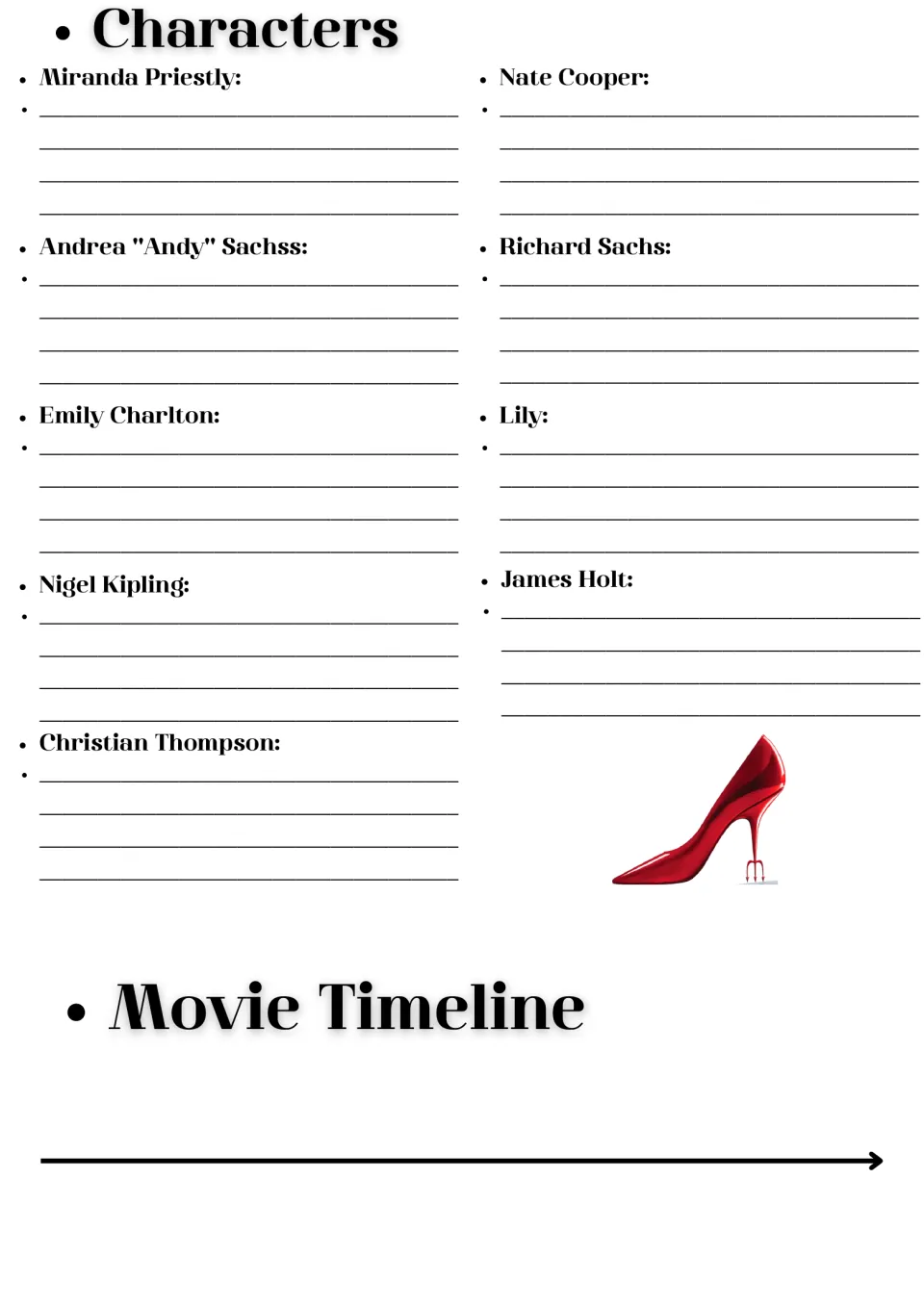 Character notes: students describe Miranda, Andy, Emily, Nigel and others, then begin a movie timeline for sequencing
