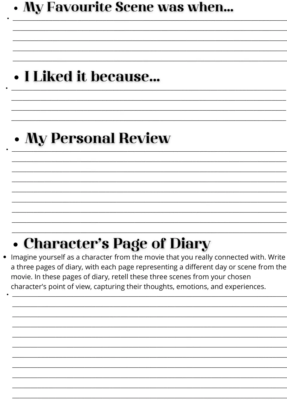 Movie response writing: students finish favourite scene and liked-because prompts, write a review and a diary entry