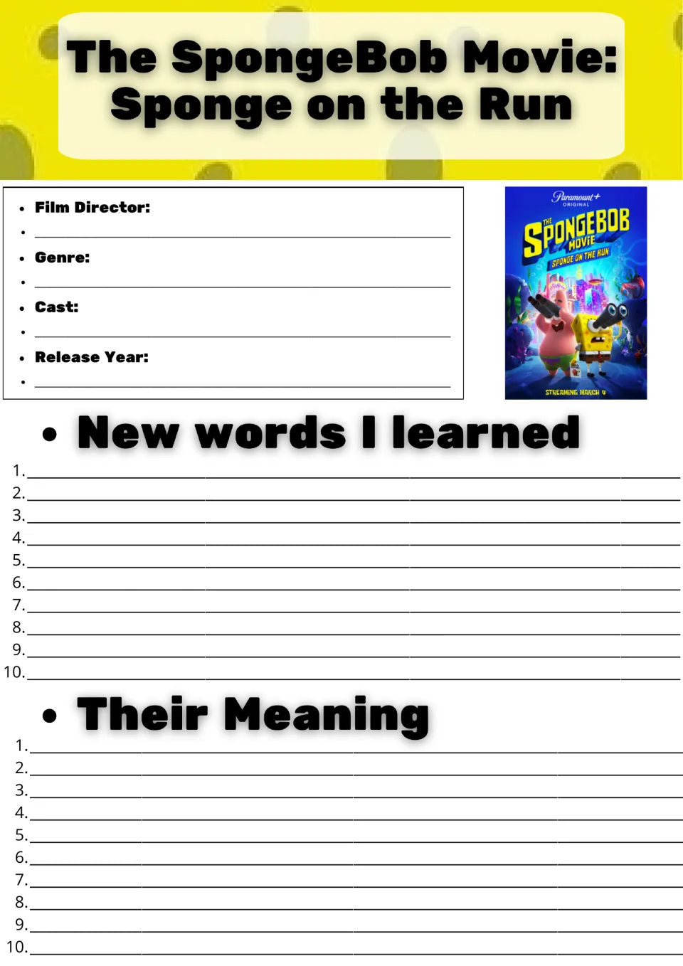 Sponge on the Run film facts: students record director, genre, cast and release year, then list 10 new words and meanings