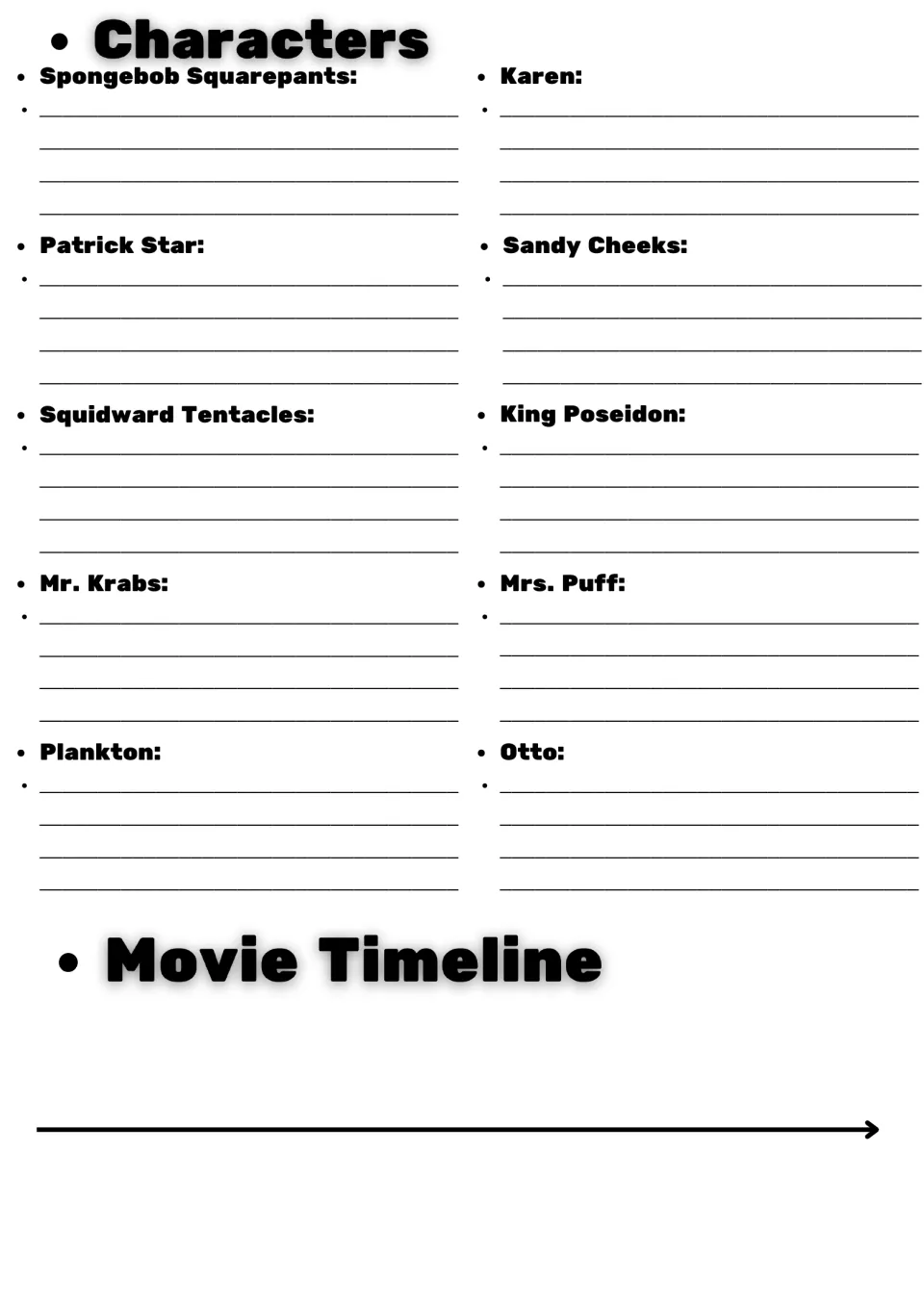 SpongeBob character notes: students describe 10 characters such as Plankton and sequence movie events on a timeline
