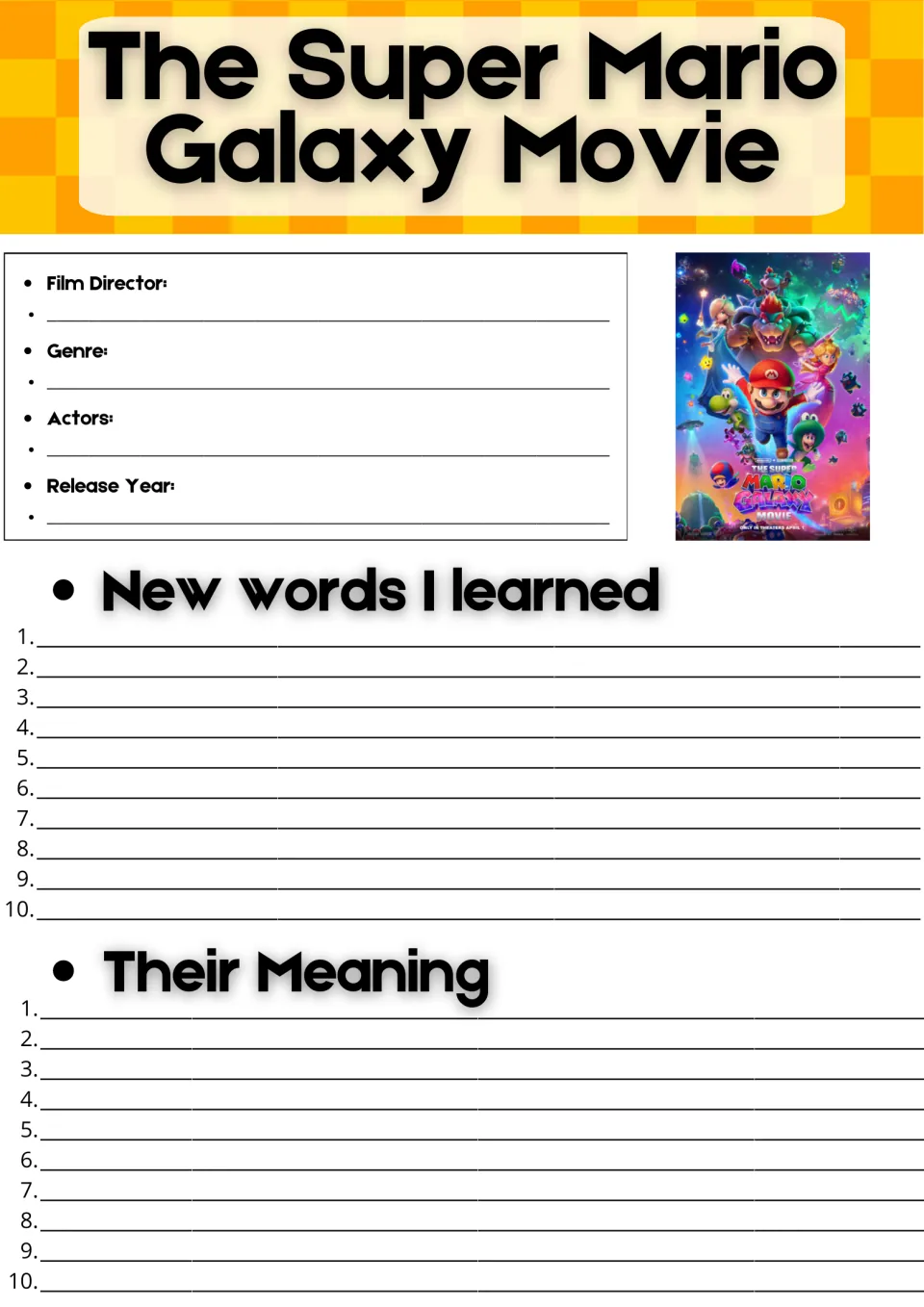 Super Mario Galaxy Movie facts: students record director, genre, actors and year, then list 10 new words and meanings