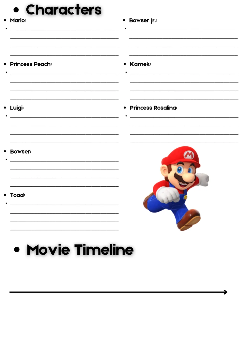 Movie characters: students write notes on Mario, Peach, Luigi, Bowser, Toad, Kamek and Rosalina, then sequence a timeline