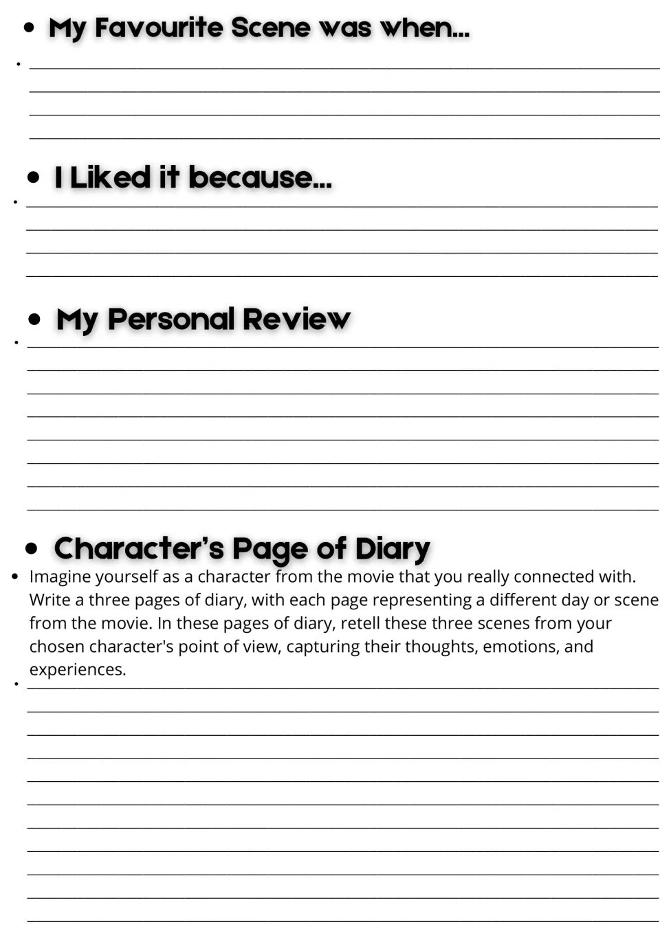 Film response writing: students describe a favourite scene, say why, review it and retell 3 scenes as a character's diary