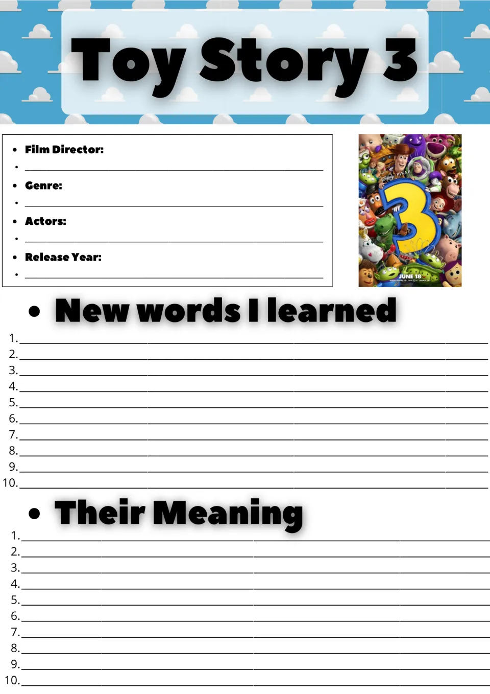 Toy Story 3 film facts and vocabulary: students note director, genre, actors and year, then list 10 new words and meanings