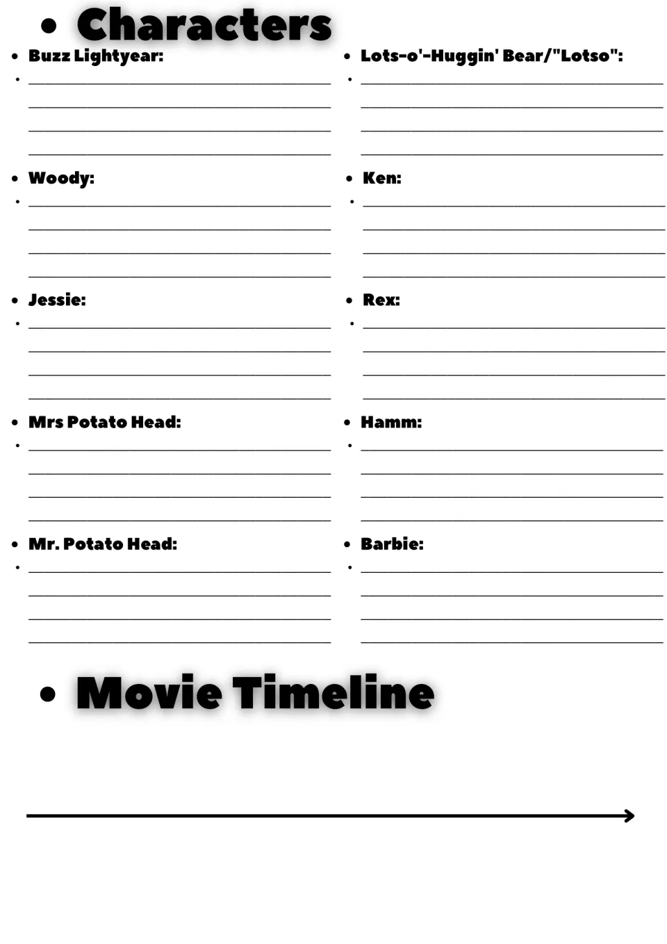 Character notes on Woody, Buzz, Jessie, Lotso, Ken, Barbie and others, plus a movie timeline for sequencing events