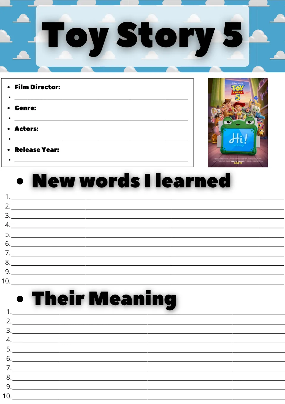 Toy Story 5 film facts and vocabulary: students note director, genre, actors, release year, then 10 new words and meanings