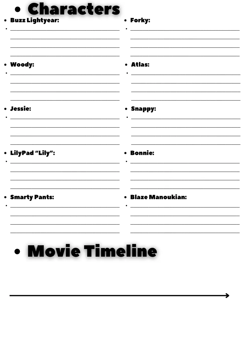 Toy Story 5 characters: students write notes on Buzz, Woody, Jessie, Forky, Atlas and five more, then draw a movie timeline