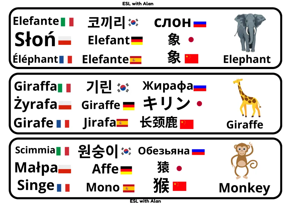 Safari animal cards for elephant, giraffe and monkey, pairing each picture with its name in 9 languages marked by flags