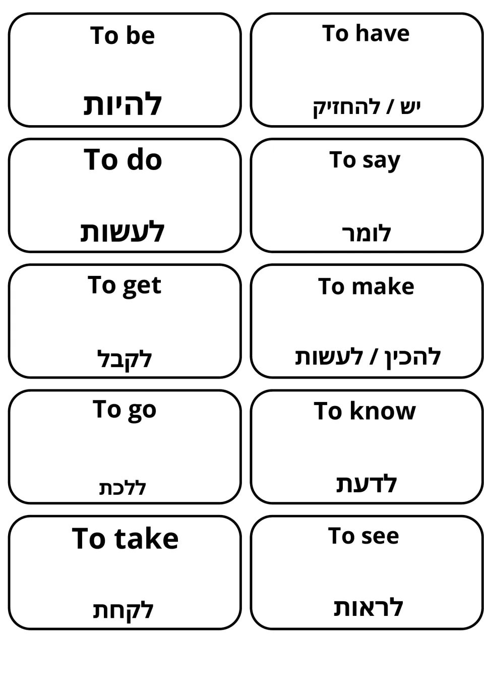 English-Hebrew verb flashcards: 10 cards pairing to be, to have, to do, to say, to go and to know with Hebrew infinitives
