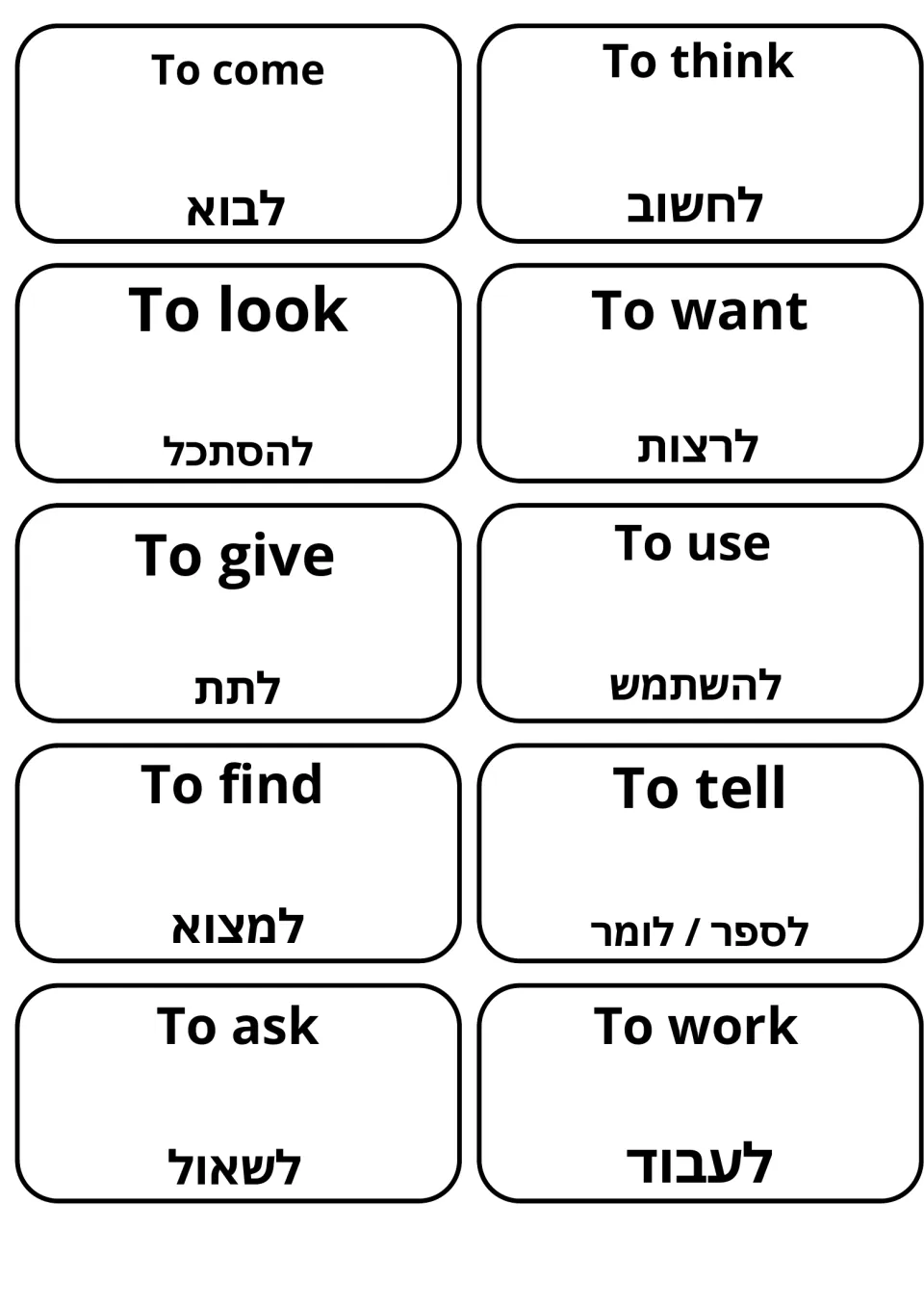 Verb flashcards: to come, to think, to look, to want, to give and to use, each printed above its Hebrew translation