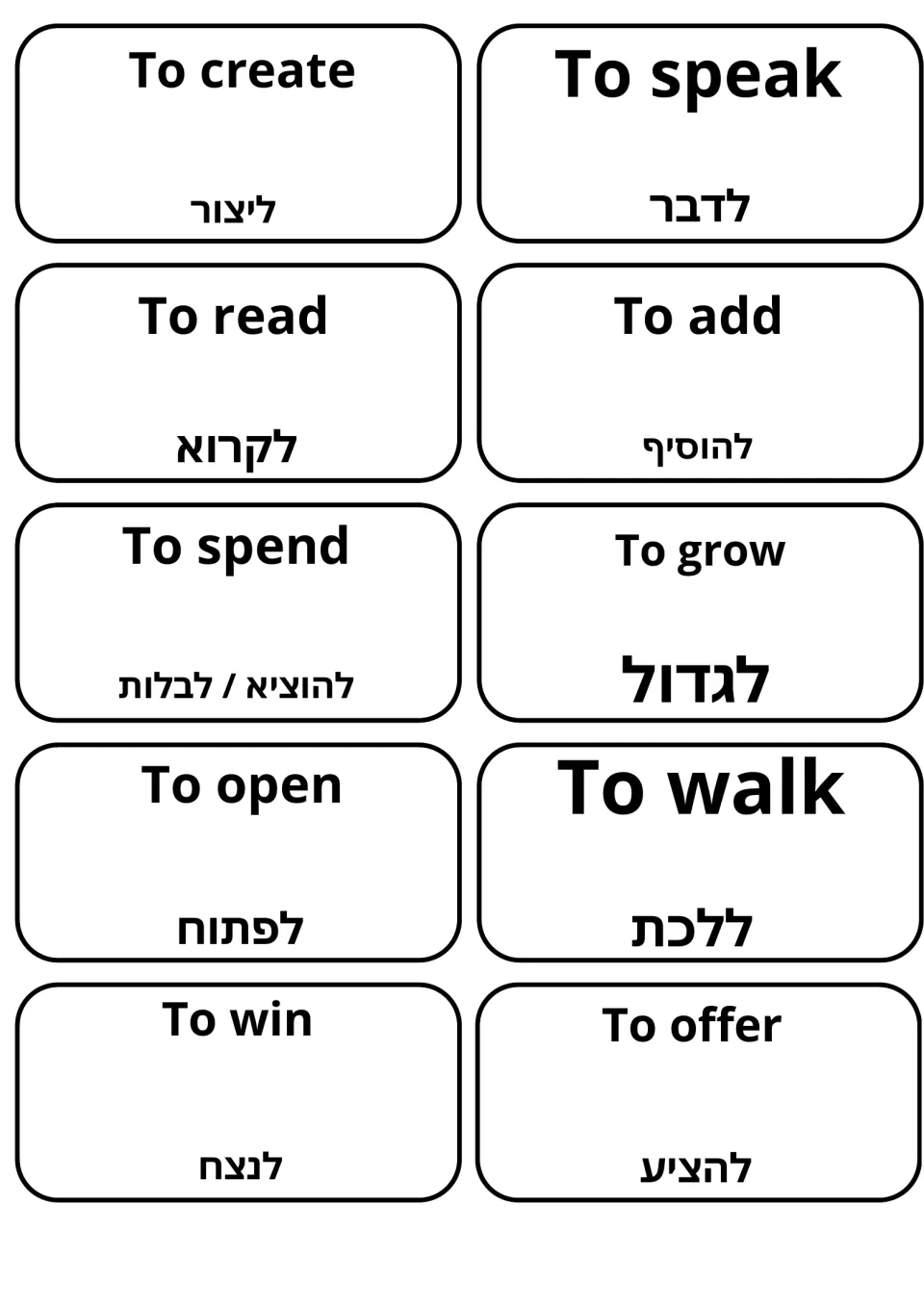 Flashcards pairing to create, to speak, to read, to add, to spend, to grow, to open, to walk and to win with Hebrew