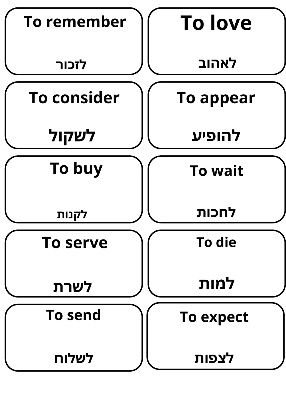 Hebrew verb cards: to remember, to love, to consider, to appear, to buy, to wait, to serve, to die, to send and to expect