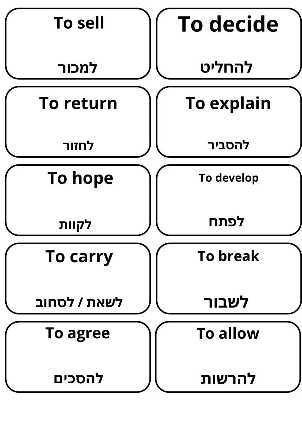 Verb set in English and Hebrew: to sell, to decide, to return, to explain, to hope, to develop, to carry, to agree