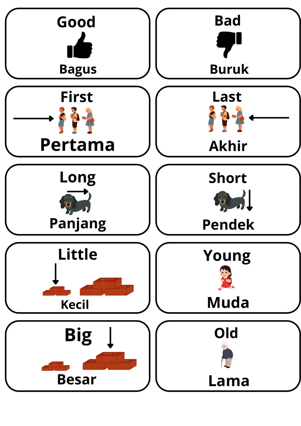 Malay adjective flashcards: 10 picture cards pair English and Malay opposites like good/bagus, bad/buruk, long/panjang