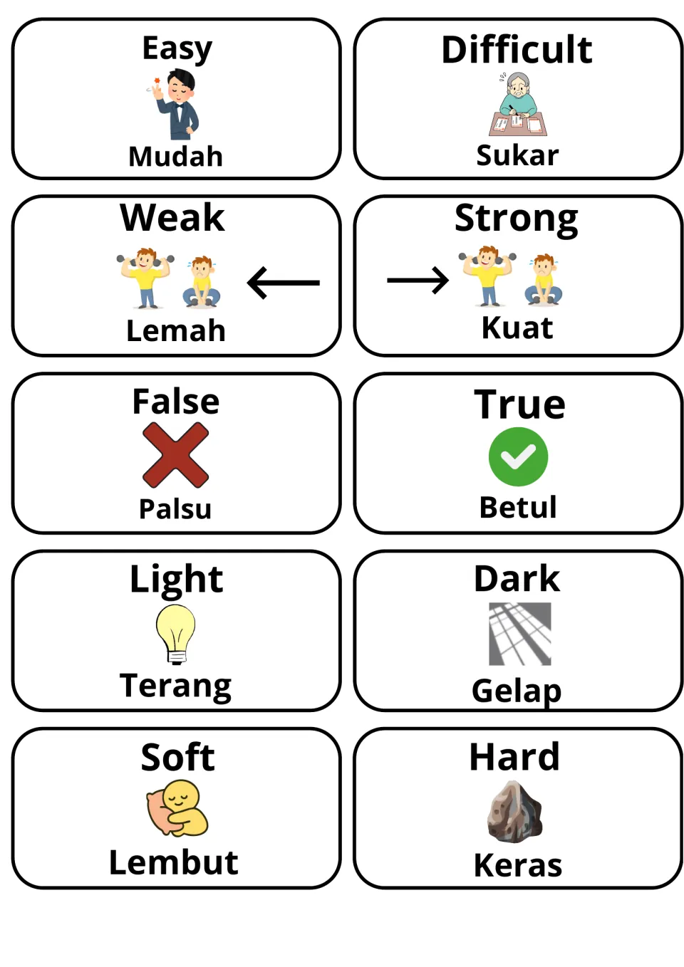 Adjective cards in English and Malay: easy/mudah, difficult/sukar, weak, strong, false, true, light, dark, soft and hard