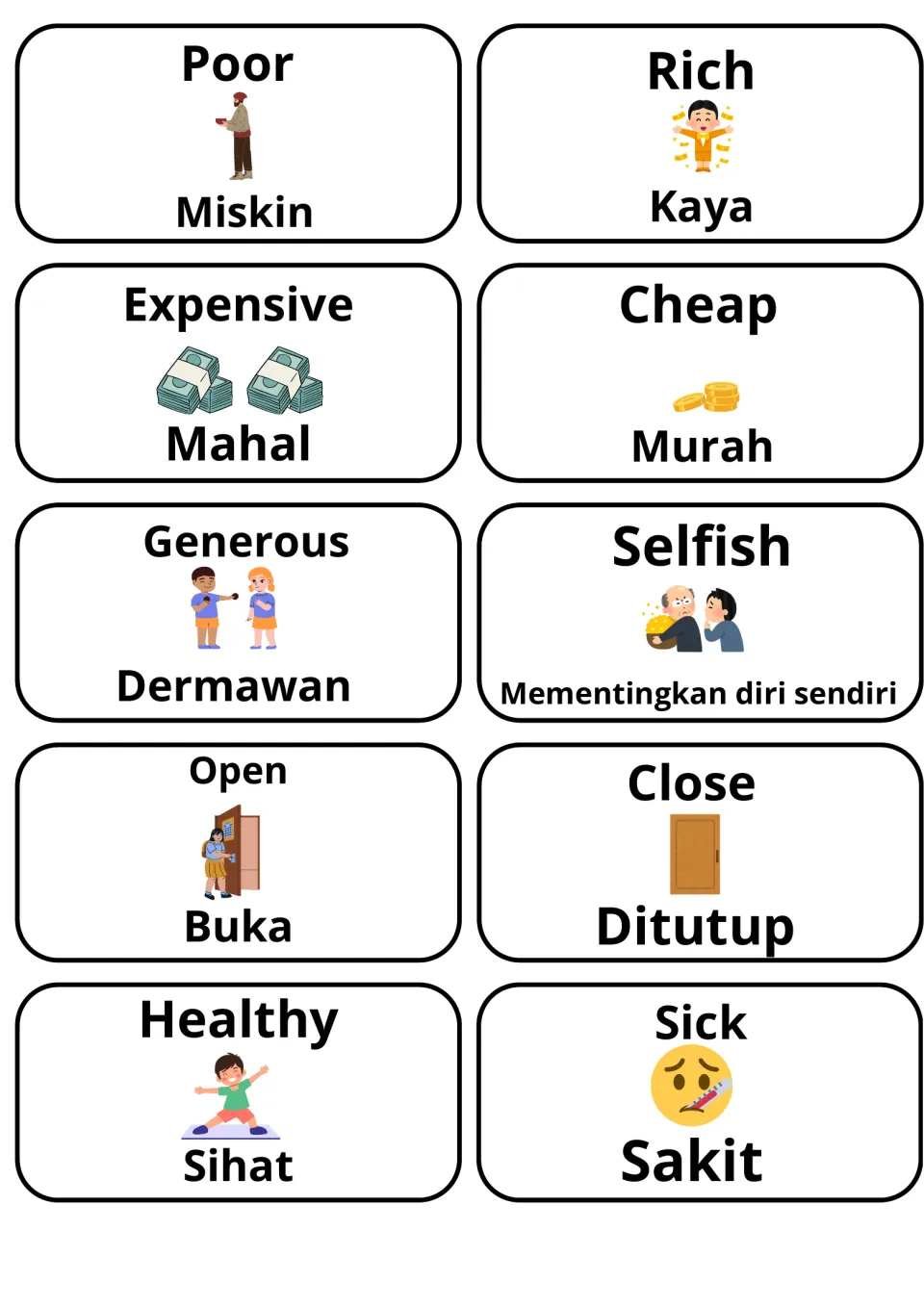Picture cards for poor/miskin, rich/kaya, expensive, cheap, generous, selfish, open, close, healthy and sick in Malay