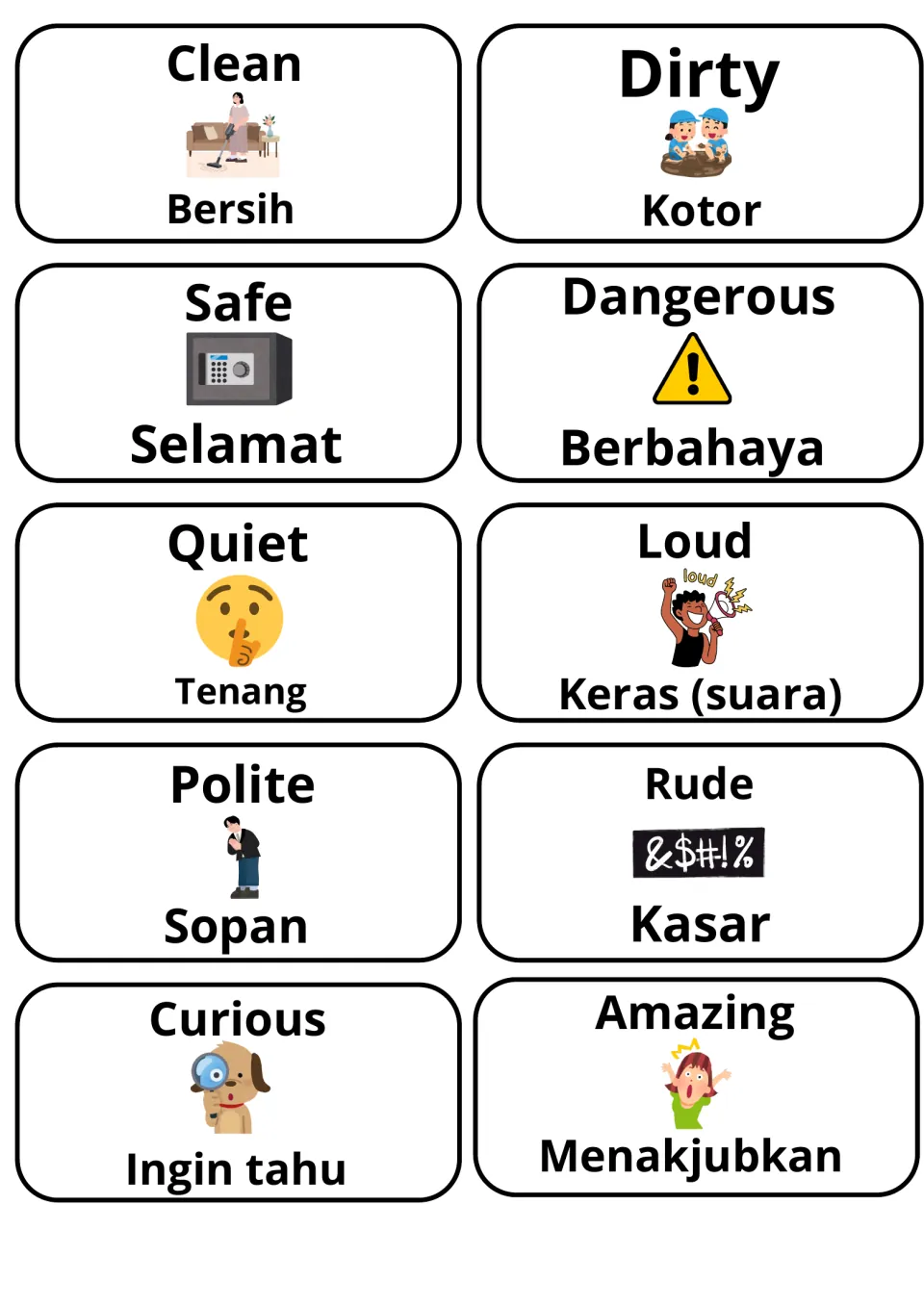 English-Malay adjective cards for clean/bersih, dirty/kotor, safe, dangerous, quiet, loud, polite, rude, curious, amazing