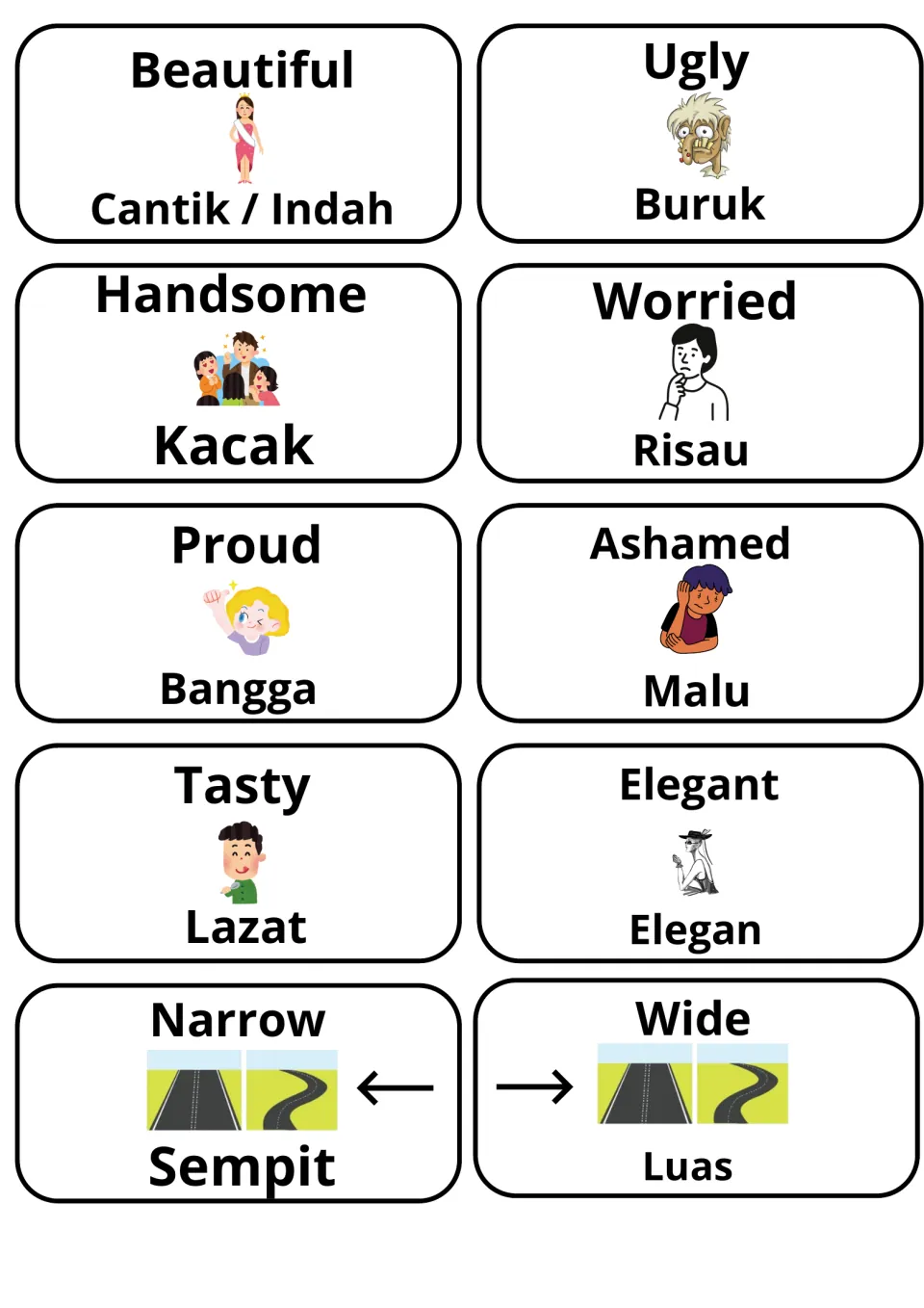 Malay word cards for beautiful/cantik, ugly/buruk, handsome, worried, proud, ashamed, tasty, elegant, narrow and wide