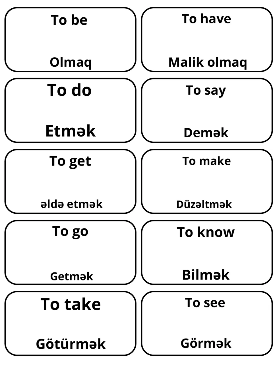 English-Azeri verb flashcards: 10 cards pairing to be, to have, to do, to say and to go with Azeri such as Olmaq and Getmək