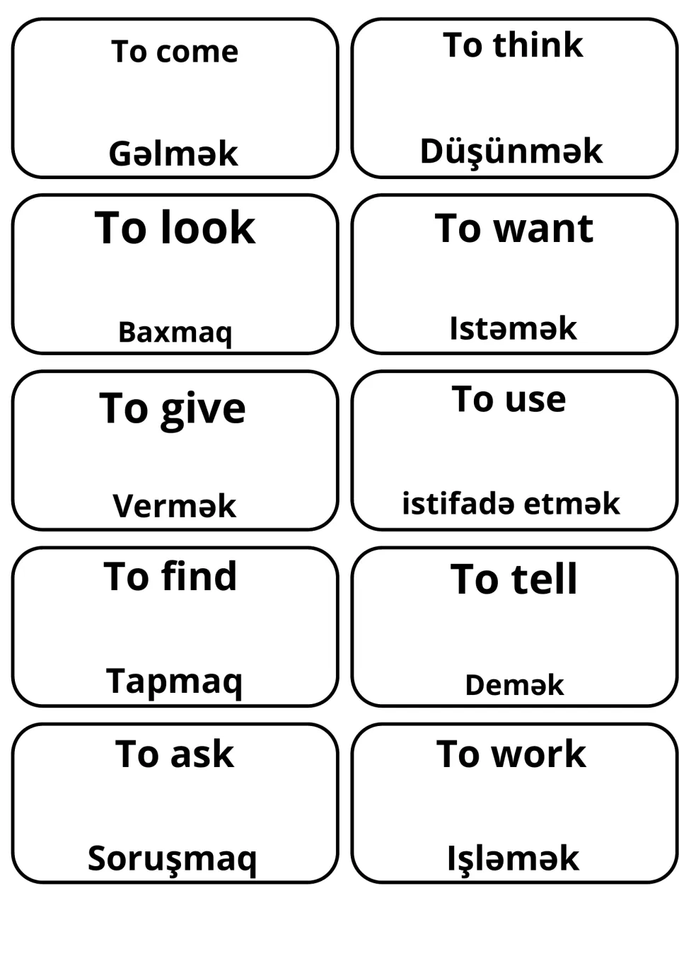 Ten verb cards for to come, to think, to look, to give and to ask, each showing its Azeri form, e.g. Gəlmək and Soruşmaq
