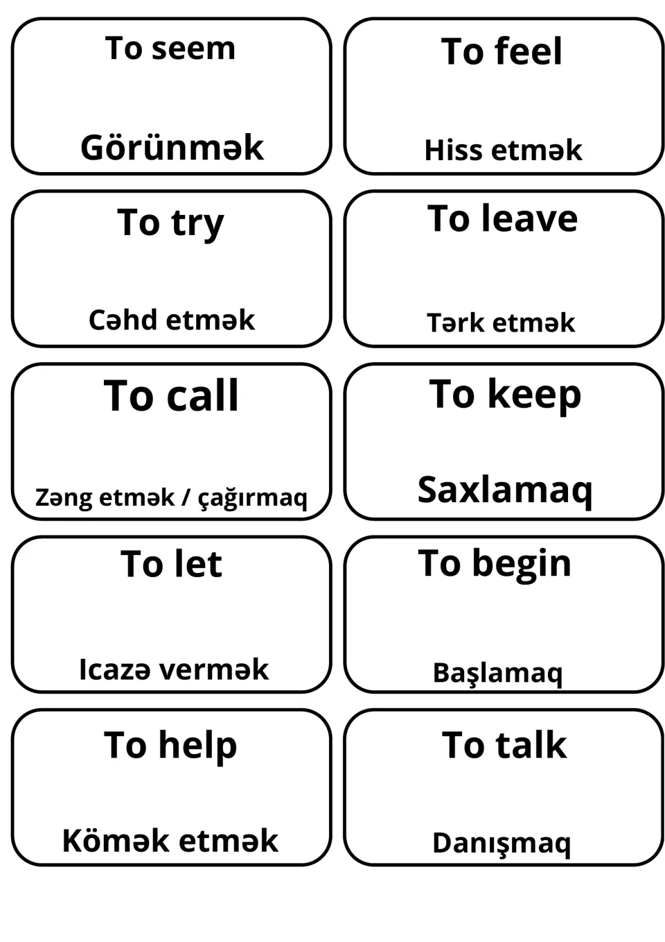 Azeri translations of to seem, to feel, to try, to call and to help, such as Görünmək and Kömək etmək, on 10 cards