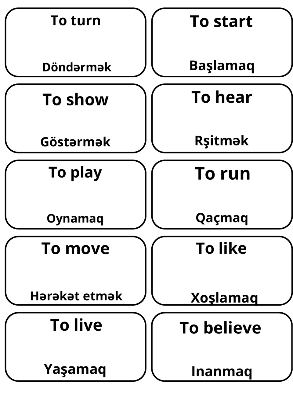 Verb vocabulary cards: to turn, to show, to play, to move and to live with Azeri meanings like Döndərmək and Yaşamaq