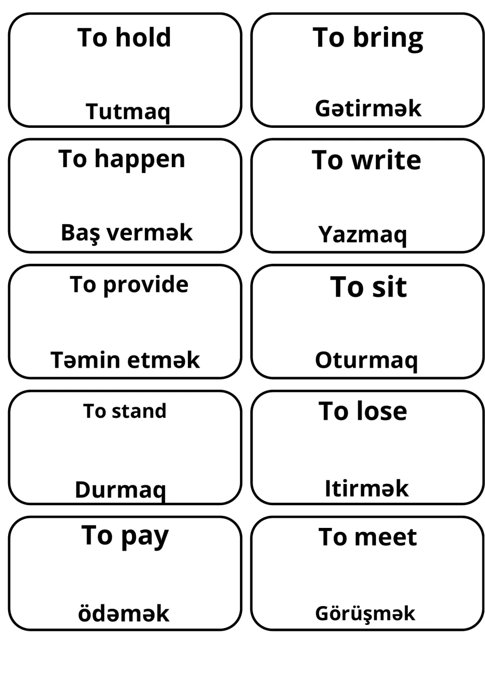 Flashcards matching to hold, to happen, to provide, to stand and to pay with Azeri verbs including Tutmaq and ödəmək