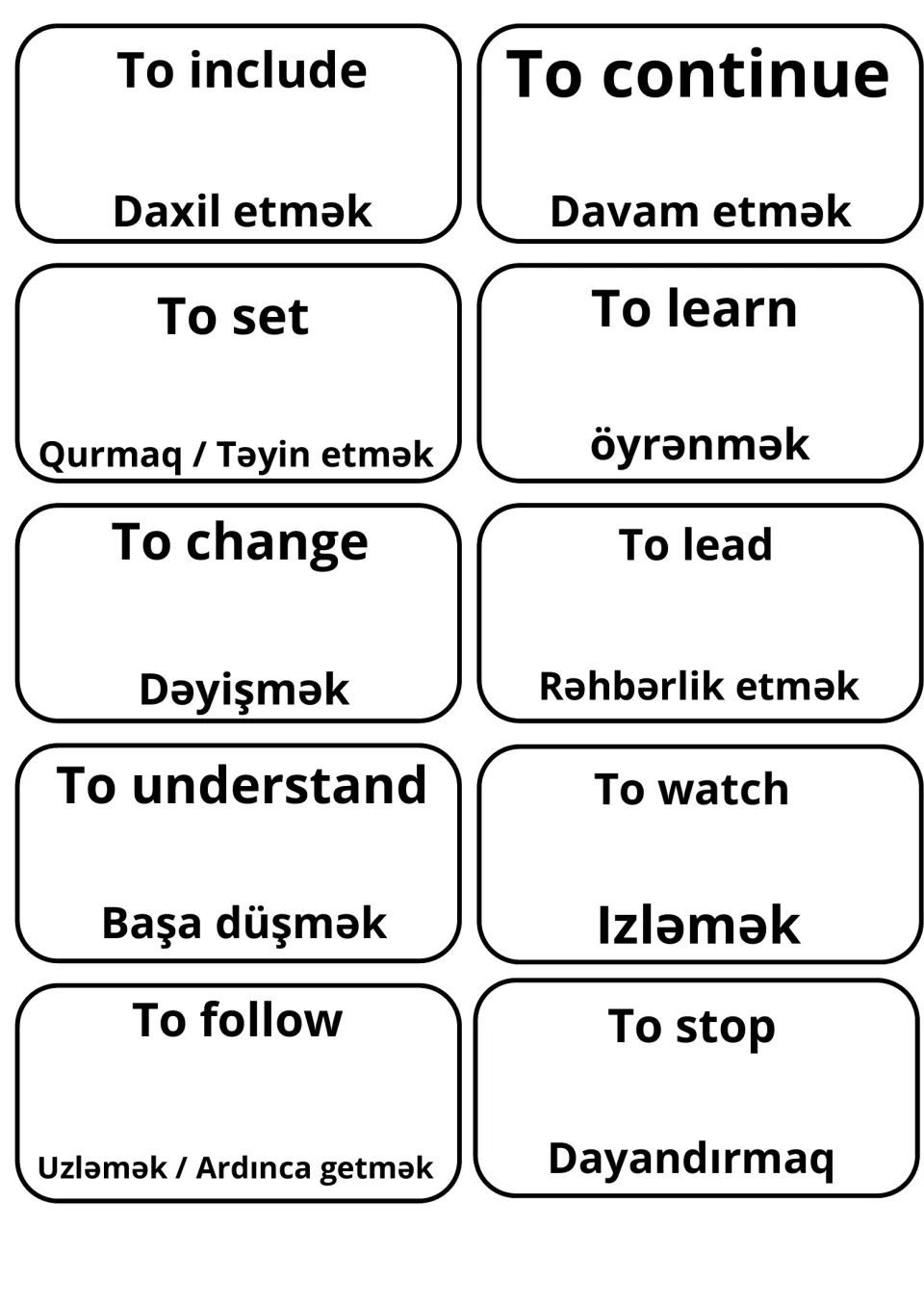 Verbs to include, to set, to change, to understand and to follow; some have two Azeri options, e.g. Qurmaq / Təyin etmək