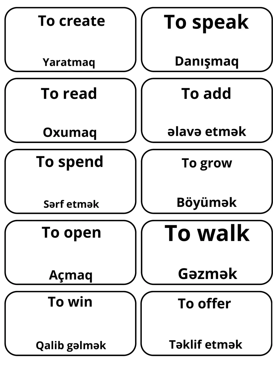 English verbs to create, to read, to spend, to open and to win paired with Azeri words like Yaratmaq and Qalib gəlmək