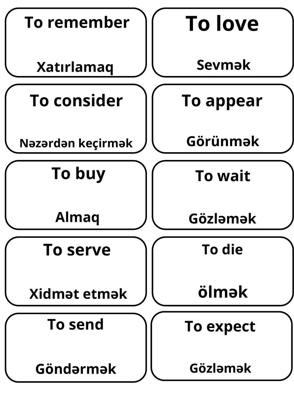 Verbs to remember, to consider, to buy, to serve and to send on cards with Azeri forms such as Xatırlamaq and Göndərmək