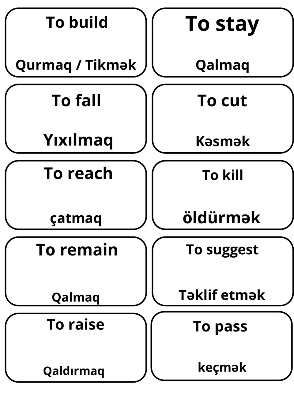 Vocabulary cards for to build, to fall, to reach, to remain and to raise, translated into Azeri, e.g. Qurmaq / Tikmək