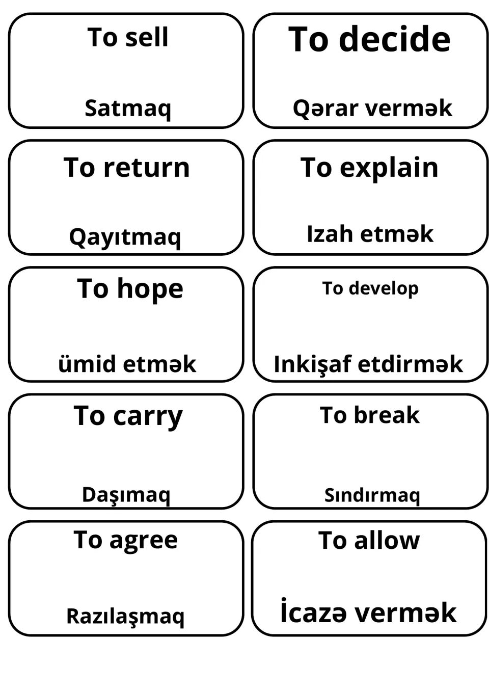Ten cards for to sell, to decide, to return, to hope and to agree, giving Azeri meanings such as Satmaq and Razılaşmaq