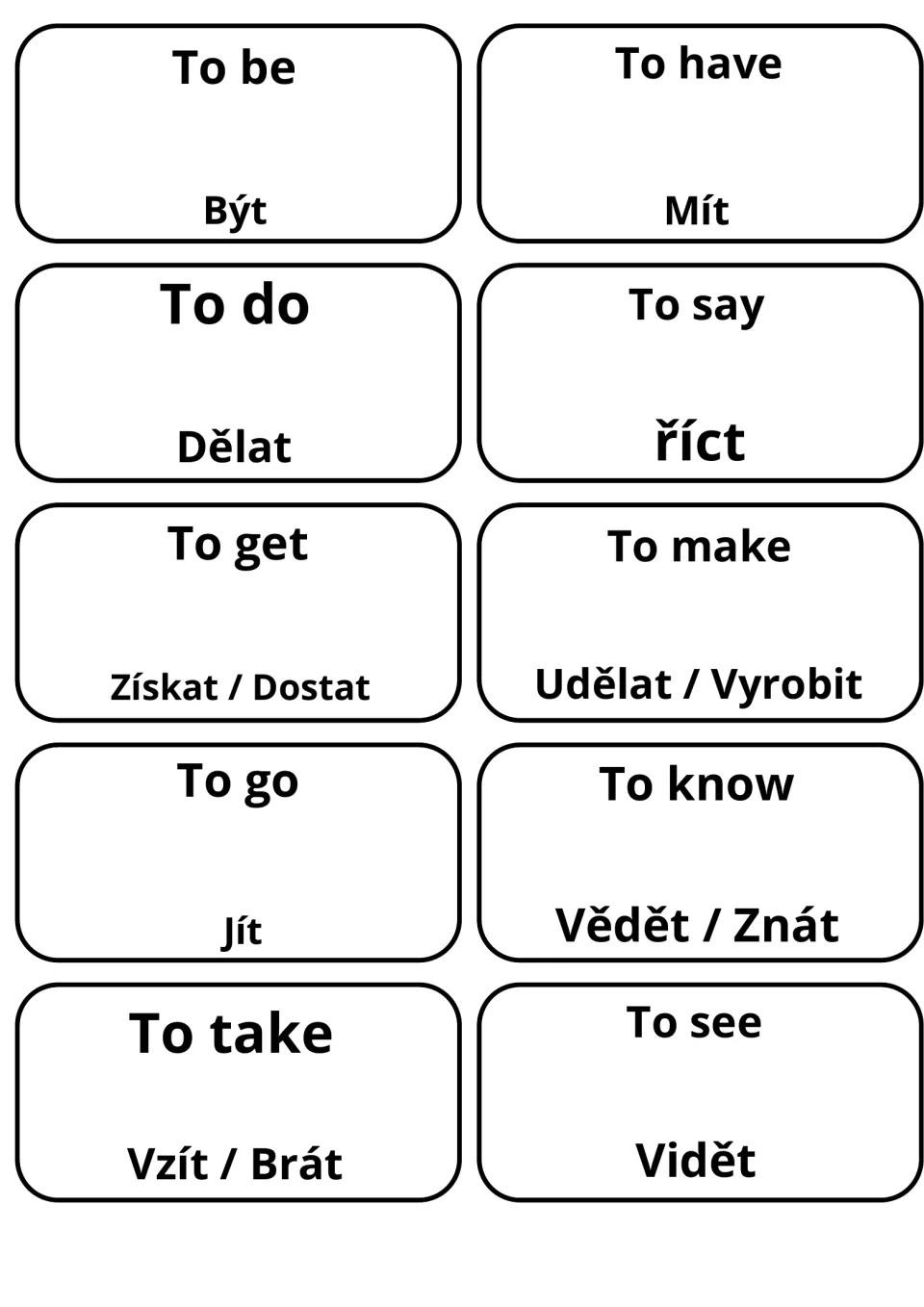 English-Czech verb flashcards: 10 cards pairing to be, to have, to do, to say and to go with Být, Mít, Dělat, říct, Jít