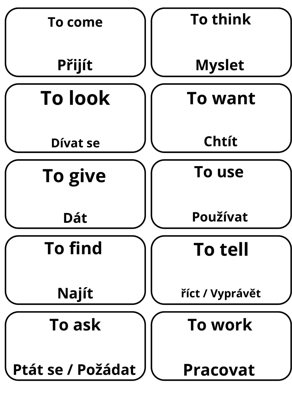 English-Czech verb cards for to come, to think, to look, to want, to give, to use, to find, to tell, to ask and to work