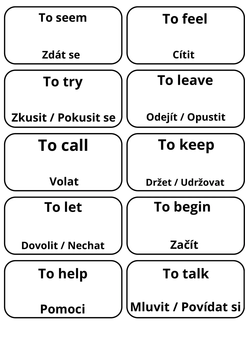 Czech translation cards for to seem, to feel, to try, to leave, to call, to keep, to let, to begin, to help and to talk