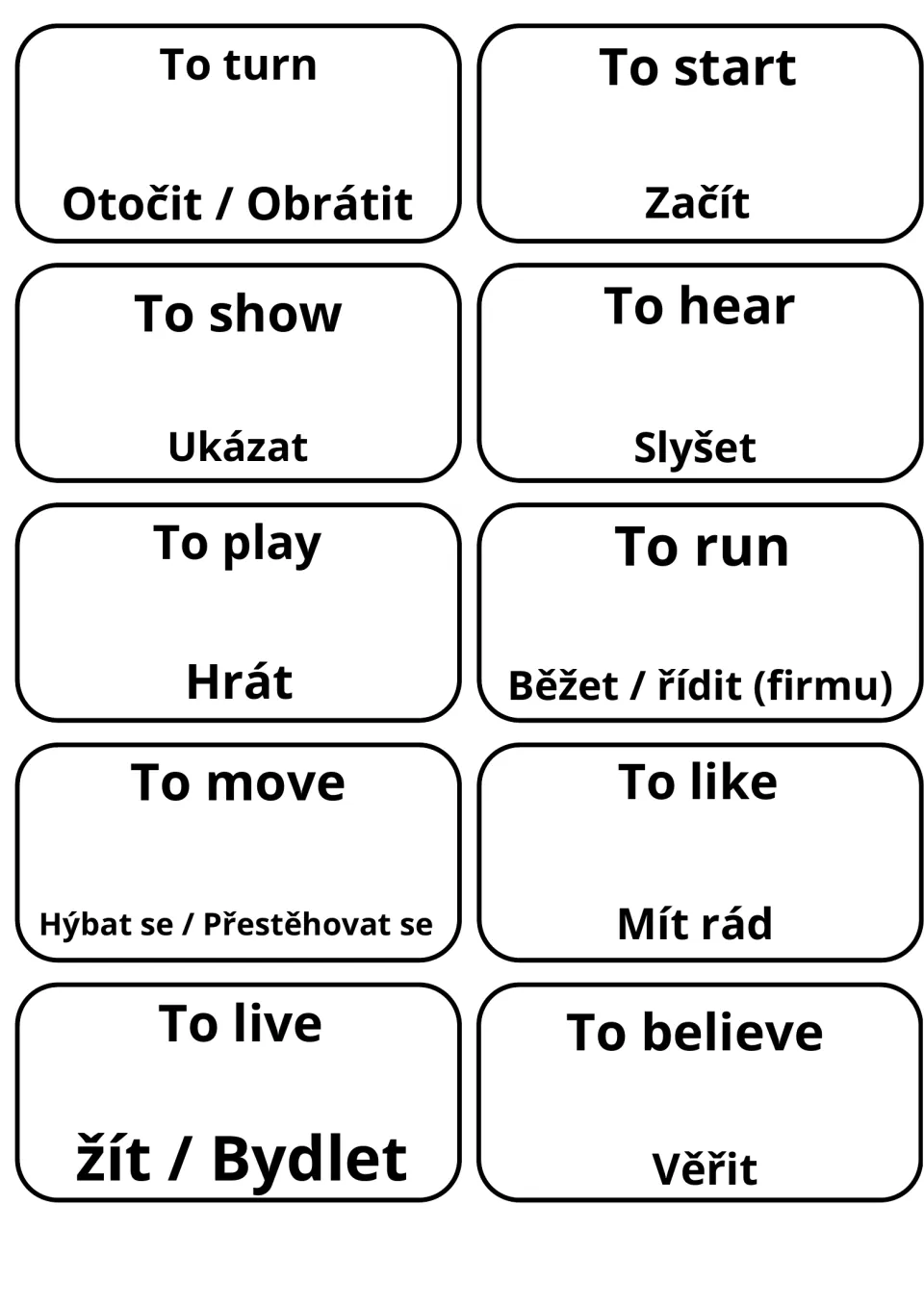 Verb cards in English and Czech: to turn, to start, to show, to hear, to play, to run, to move, to like, to live, to believe